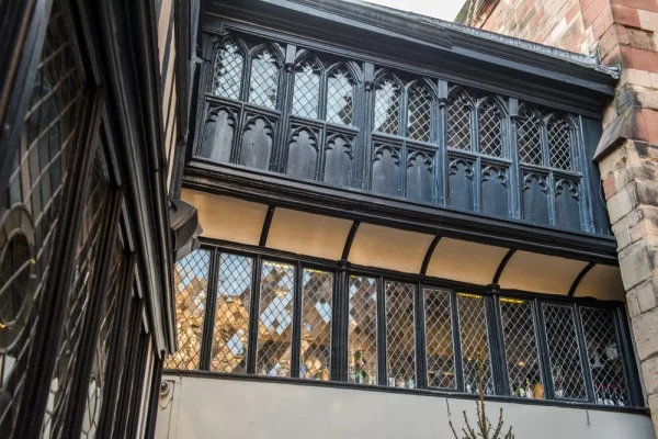 The timber-framed first floor from the courtyard