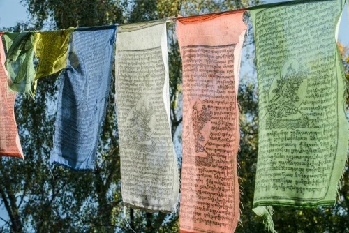 Nepalese prayer flags incorporated into the garden