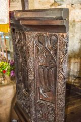 The pulpit, made from medieval bench ends