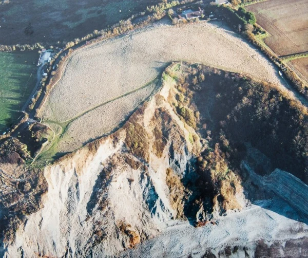 An aerial view of Daws Castle from the English Heritage information panel
