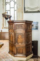 The beautifully carved Jacobean pulpit