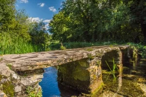 A picturesque clapper bridge over the River Leach