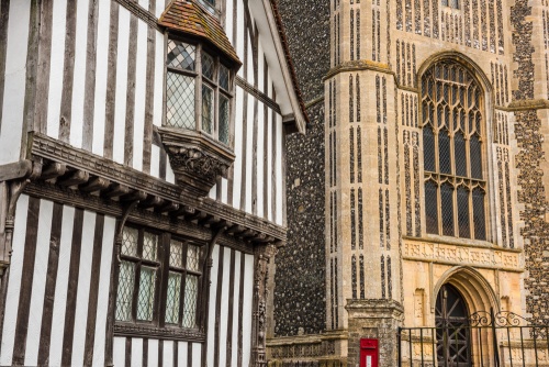 The medieval Guildhall and church in Eye, Suffolk