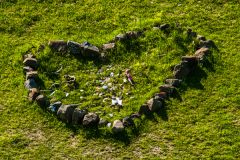 A heart-shaped arrangement of stones on the valley floor