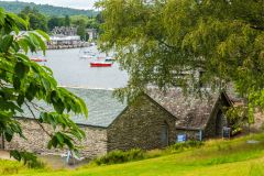 The Victorian boathouses and Lake Windermere