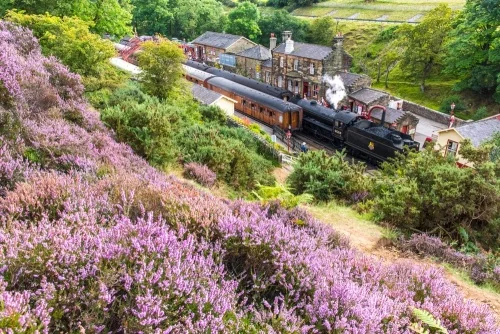 A steam locomotive in Goathland Station