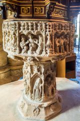 The ornately carved font, St Wulfram's Church
