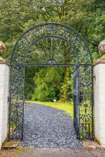 Wrought-iron gates at the garden entrance