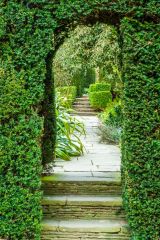 Topiary arches frame the garden path