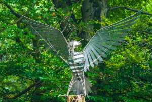 A stainless steel owl sculpture