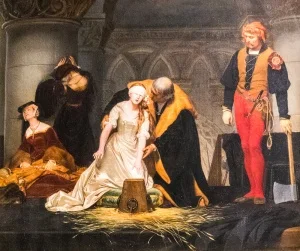 The Execution of Lady Jane Grey in the Tower of London, by Paul Delaroche, in the Guildhall Art Gallery