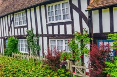 Timber-framed cottages below the churchyard