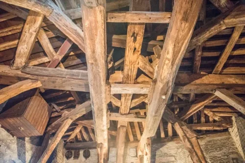 The medieval belfry roof and bell-frame