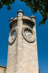 The ornate top of the clock tower