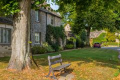 A quiet bench under a tree opposite the village green