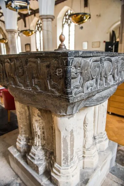 Medieval Tournai marble font, St Peter by the Waterfront church