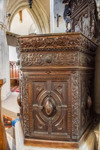 The richly carved Jacobean pulpit