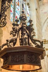 The ornately carved Jacobean font cover