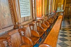 The bench seating in the nave