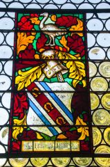 Stained glass window with Ferrar coat of arms