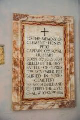 Memorial to Captain Clement Peto, killed in the Battle of Ypres