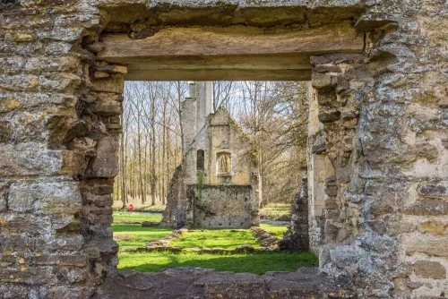 The southwest tower through a medieval window