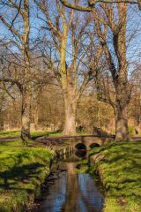 A waterway and footbridge in the park