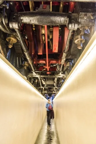 Walking under a historic locomotive