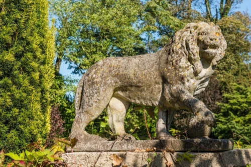 A lion statue outside the entrance
