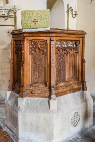 The beautifully-carved Victorian pulpit