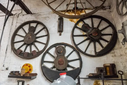 Old wooden cart wheels