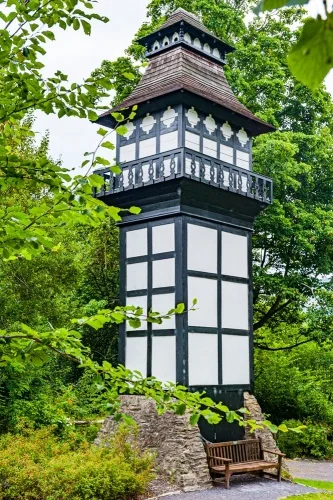 A 'black and white' tower in the gardens