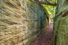 A narrow passage between rock formations
