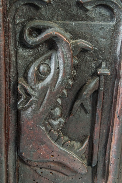 Mouth of Hell bench end carving