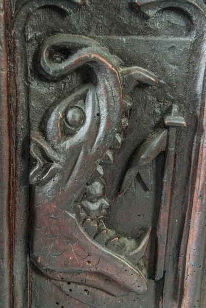 Mouth of Hell bench end carving