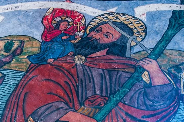 Restored 15th century wall painting of St Christopher