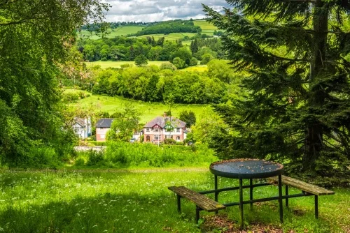 A picnic table on the north slope of the castle
