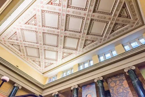 The ornate entrance hall ceiling