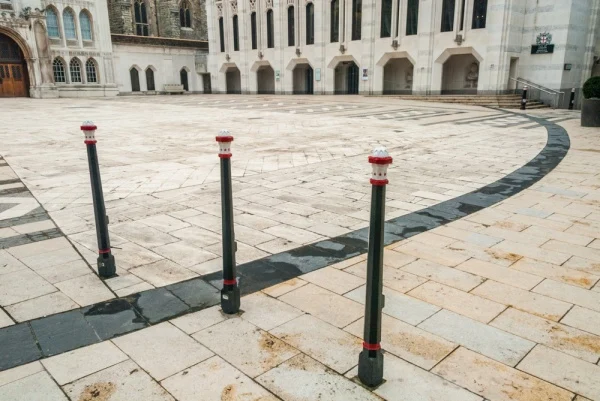 Black stones mark the outline of the amphitheatre in Guildhall Yard
