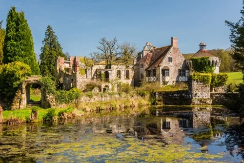 The ruined castle and moat