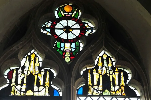 15th century stained glass showing cathedral spires
