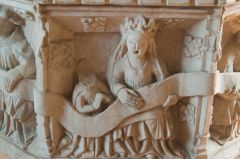 Figure of a queen on the font bowl