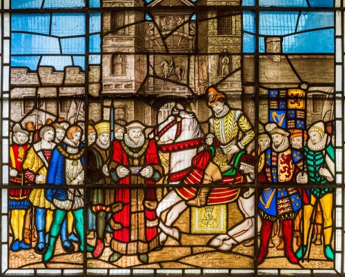 Stained glass window of King James I entering London via Aldersgate in 1618