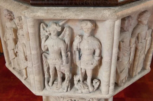 Carving detail, medieval font bowl