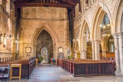 The tower base inside the church aisle