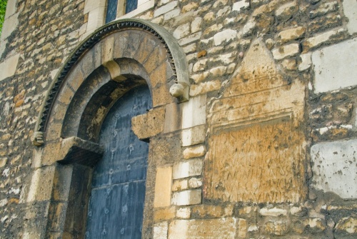 Doorway and dedication stone on the west tower 