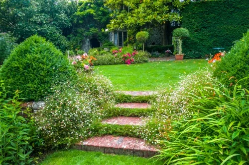 A garden terrace below the house