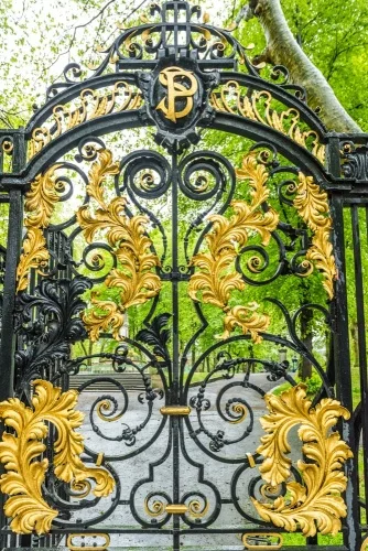 The ornate wrought-iron gates to St Pancras Garden