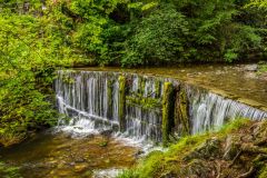 The trail leads uphill beside the stream