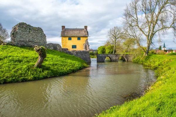 The moat, gatehouse, and reconstructed drawbridge